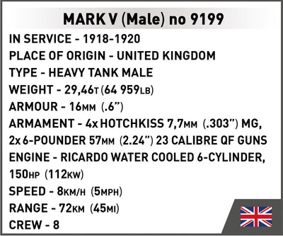 Mark V (Male) no. 9199 WWI brick model - COBI 2995 - 844 bricks Tank COBI