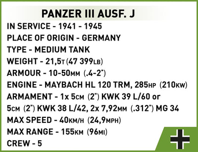 Panzer III Ausf. J brick tank model - COBI 2289 - 590 bricks Tank Cobi