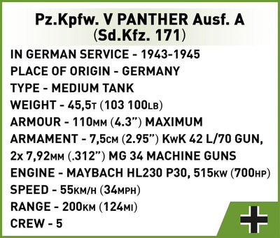 Pz.Kpfw. V Panther Ausf. A brick tank model- COBI 2654 - 1150 bricks Tank Cobi