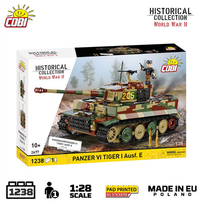 Cobi Historical Collection World War II Panzer VI Tiger I building block set box, featuring a 1:28 scale pad-printed model with a minifigure, shown on a white background with product feature icons.