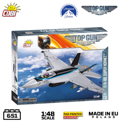Cobi Top Gun Maverick F/A-18 Super Hornet 1:48 scale model kit box, featuring a detailed illustration of the silver and blue jet on a white background with brand logos and feature badges.