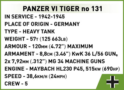 Panzer VI Tiger No. 131 The Tank Museum brick tank model - COBI 3123 - 898 bricks Tank Cobi 